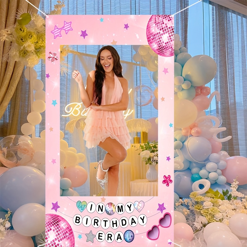Photo Booth Frame - ピンクの「My Birthday Times」スターとハート型のフォトブースフレーム 1 個 -