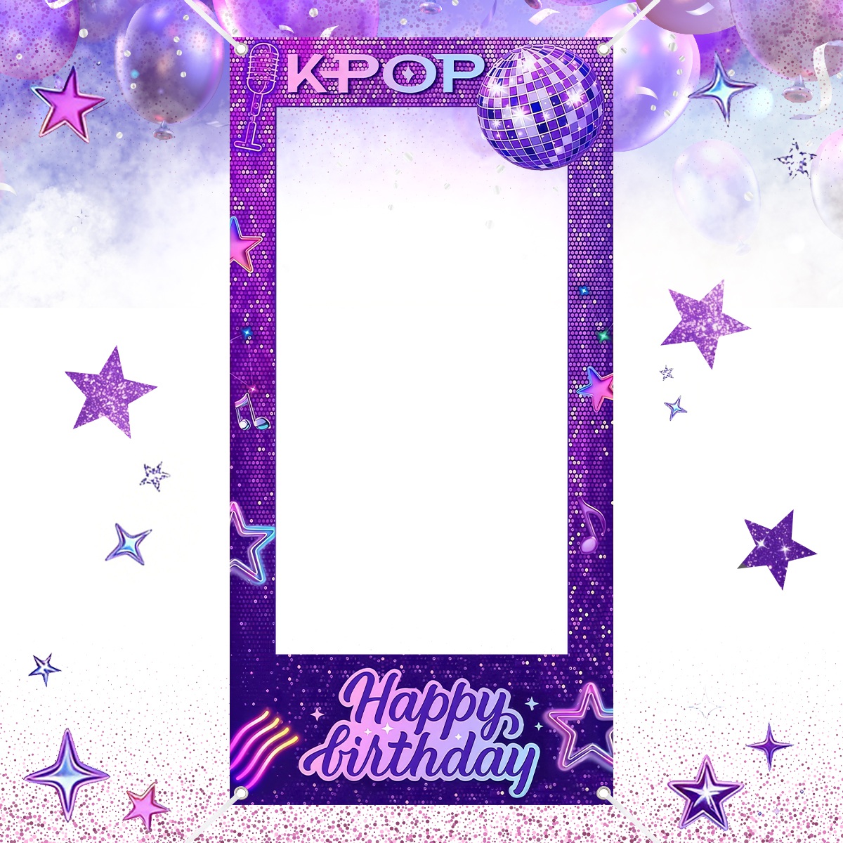 Photo Booth Frame - 1pc パープル K-POP フォトフレーム背景幕ハッピーバースデーパターンポリエステルフォトブース小道具 K-POP テーマの誕生日パーティー用品