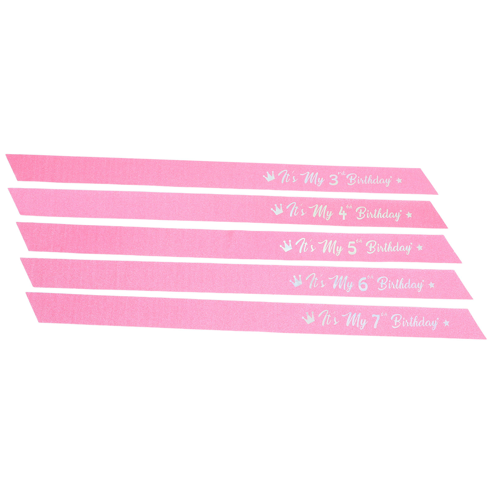 Birthday Sash Glitter - ピンクのラメ入りバースデーサッシュ5点セット。番号付きで、女の子向けのパーティーグッズ。柔らかい生地を使用。