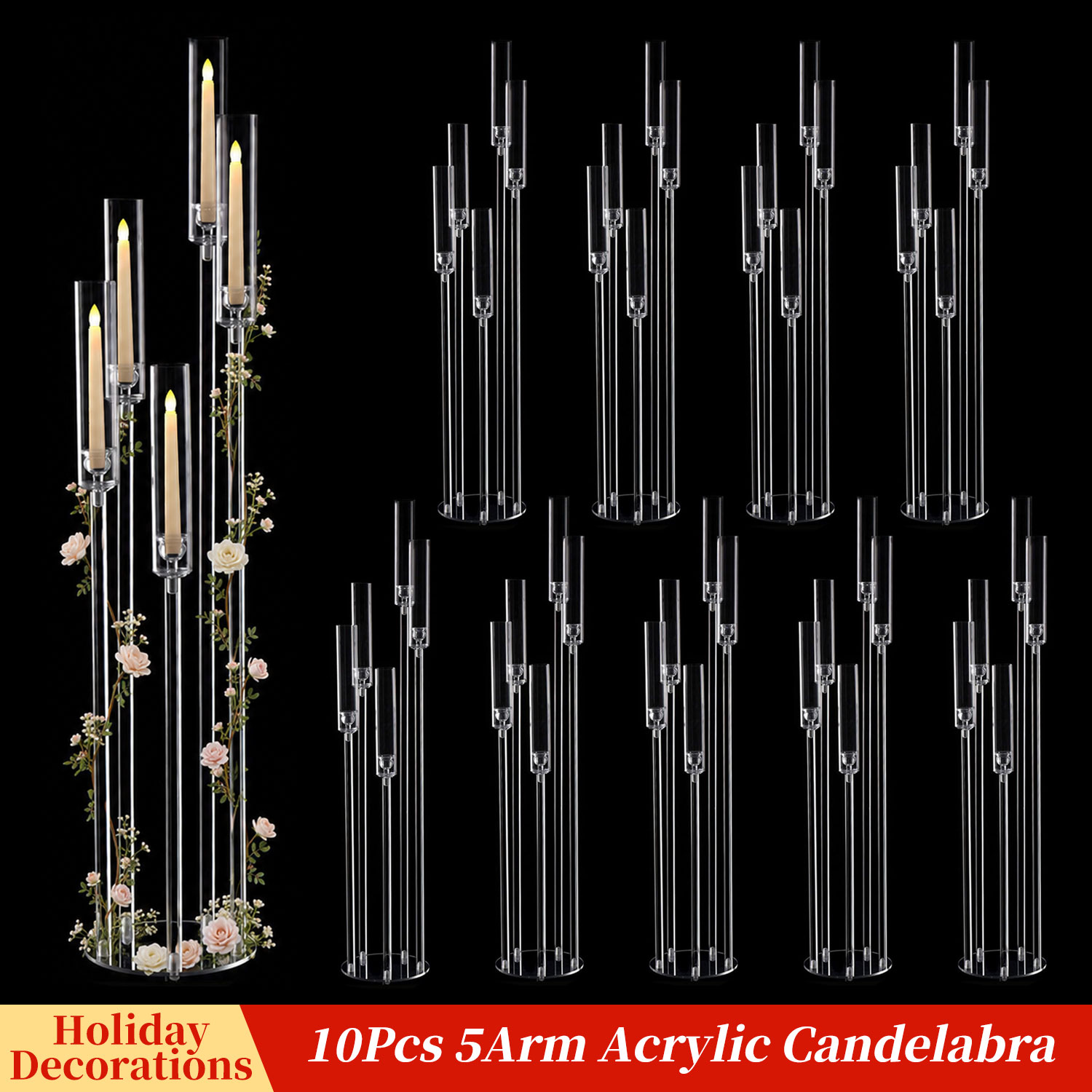 Centerpiece Stick - アクリル製5灯式背の高いクリアキャンドルホルダー、ウェディングテーブルセンターピース、式典、パーティー、宴会、ホームデコレーション、10個セット